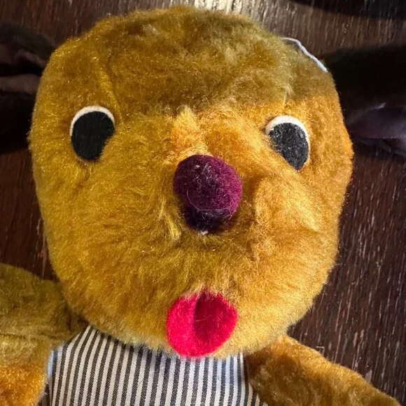 Vintage Knickerbocker Plush Dog In Striped Overalls With Red Bandana 16" Stuffed - Picture 7 of 9